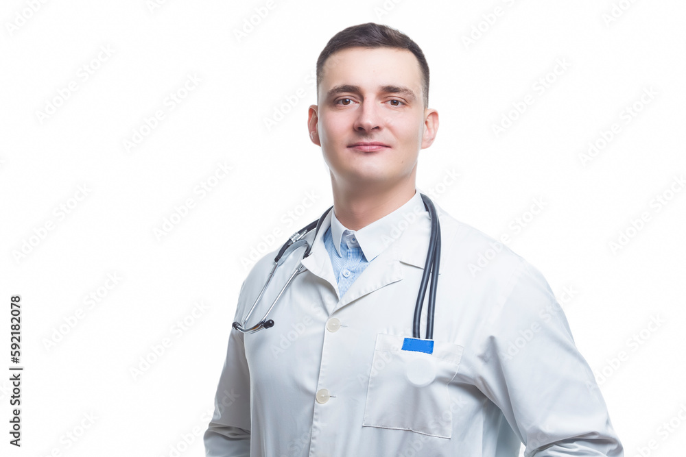 Portrait Of Caucasian Confident Mature Doctor Looking At Camera With Hands In Pockets Isolated On White Background Portrait Of Caucasian Confident Mature Doctor Looking At Camera With Hands In Pockets Isolated On White Background