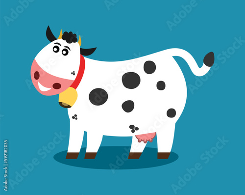 Smiling dairy cow in profile with bell on blue background - vector