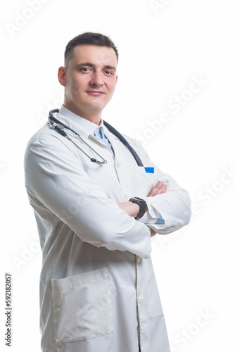 Medicine Ideas. Portrait Of Caucasian Confident Mature Doctor Looking At Camera Isolated On White Background