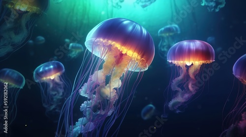 Mystical Oceanic Glow, Enchanting Jellyfish in Underwater World. Generative AI © _veiksme_