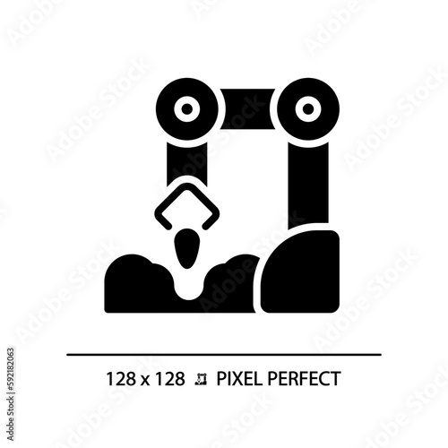 Planting robot black glyph icon. Seed sowing machine. Agricultural automation. Farm equipment. Artificial intelligence. Silhouette symbol on white space. Solid pictogram. Vector isolated illustration
