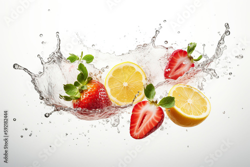Flyingn slices of lemon strawberries and water splash. Generative AI.