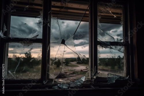 crack in glass window, with the view of a stormy sky visible through it, created with generative ai