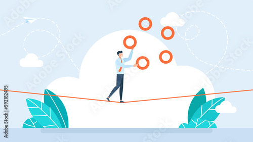 Businessman juggling with rings on rope. Juggler businessman manager showing skill and ease of control in management multitasking. Wealth management. Business risk concept. Flat illustration