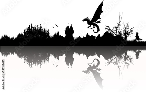 Silhouette mit Spiegelung: Fantasielandschaft mit Drache, Burg und Figur