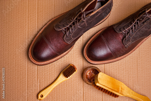 Mens Shoes Cleaning Accessories for Dark Brown Grain Brogue Derby Boots Made of Calf Leather with Special Tools.