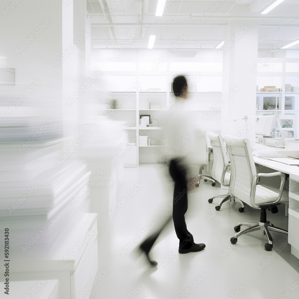 businesspeople walking in the corridor of an business center, pronounced motion blur, crowded bright modern light office movement defocused. office background