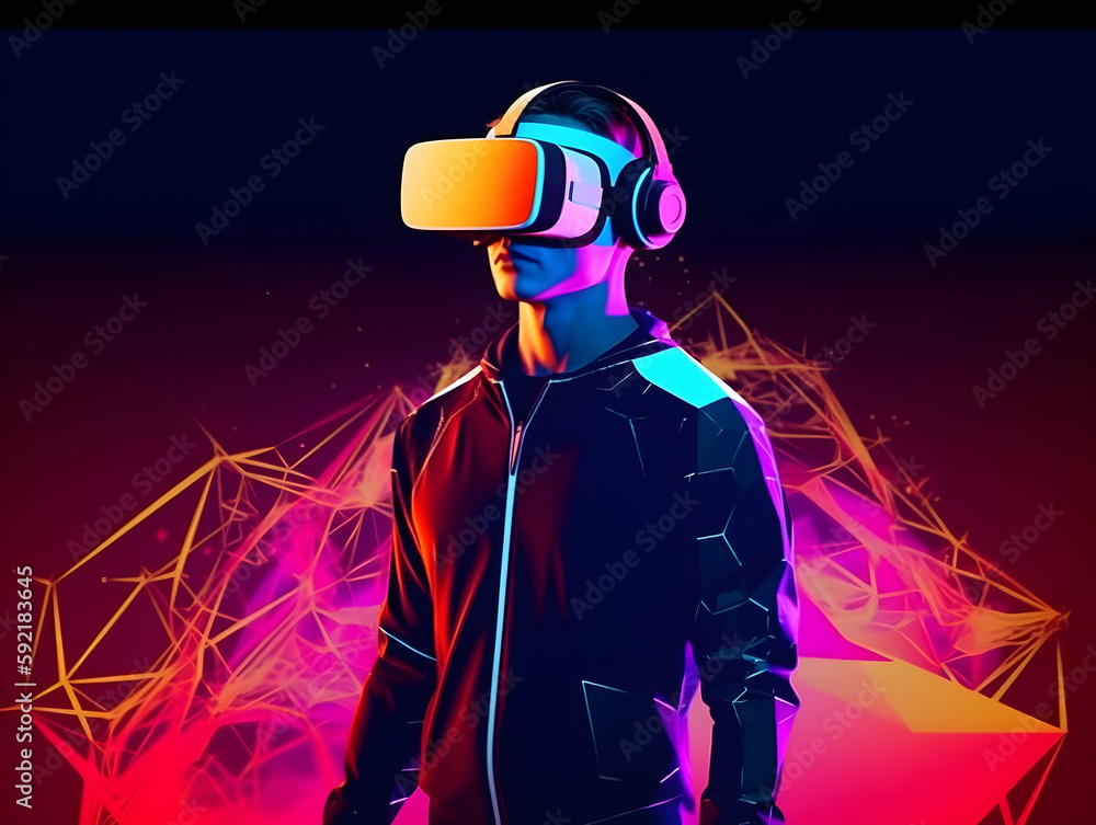 Man with a VR headset and experiencing virtual reality or metaverse. Man with a VR headset and experiencing virtual reality or metaverse.