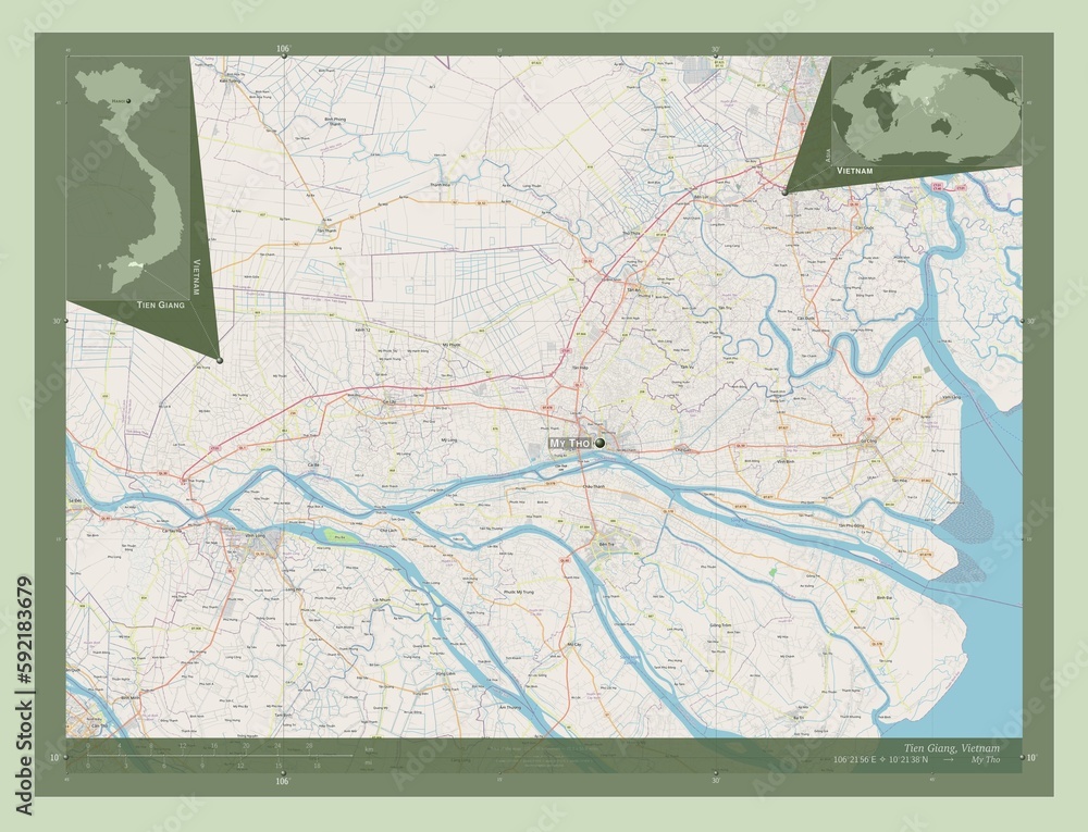 Fototapeta premium Tien Giang, Vietnam. OSM. Labelled points of cities