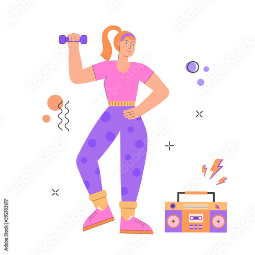 Woman doing boombox aerobic. Trendy 70s and 80s concept illustration. Retro sport outfit. Disco party. Workout, fitness. Vector illustration, isolated.