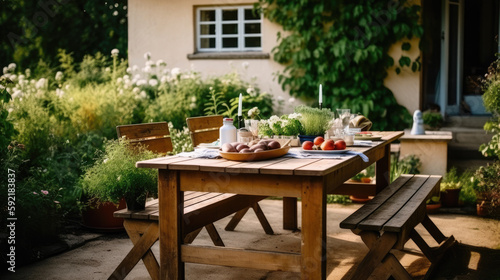 beautiful terrace of house in the summer 3 with wooden chairs and food on the table 