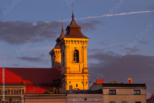 istoric house on the market in Leszno at dusk. Poland. photo