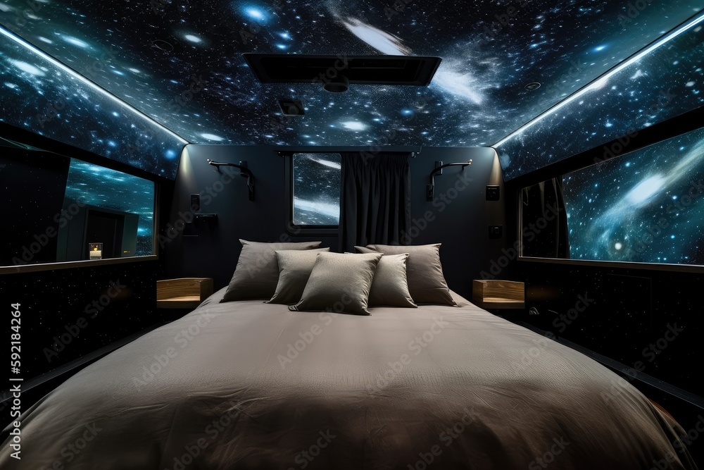 simulated zerogravity bedroom, with floating sheets and pillows, and