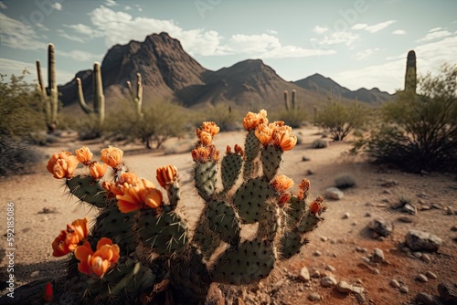 Fototapeta cactus blooming in the desert, with view of a distant mountain range, created wi