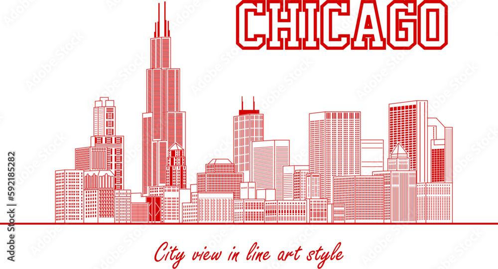 Fototapeta premium chicago city view in line art style (red)