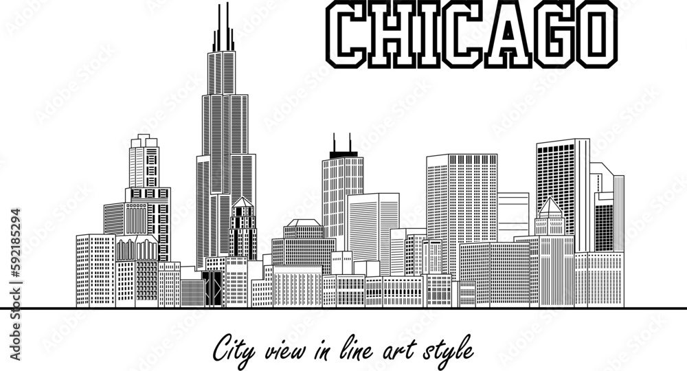chicago city view in line art style (black)
