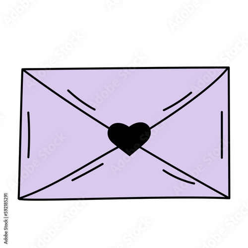 Doodle envelope with heart. Postal element. Mail icon.