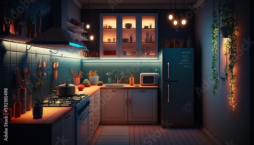 Modern interior style kitchen at night with string of lights. Generative AI