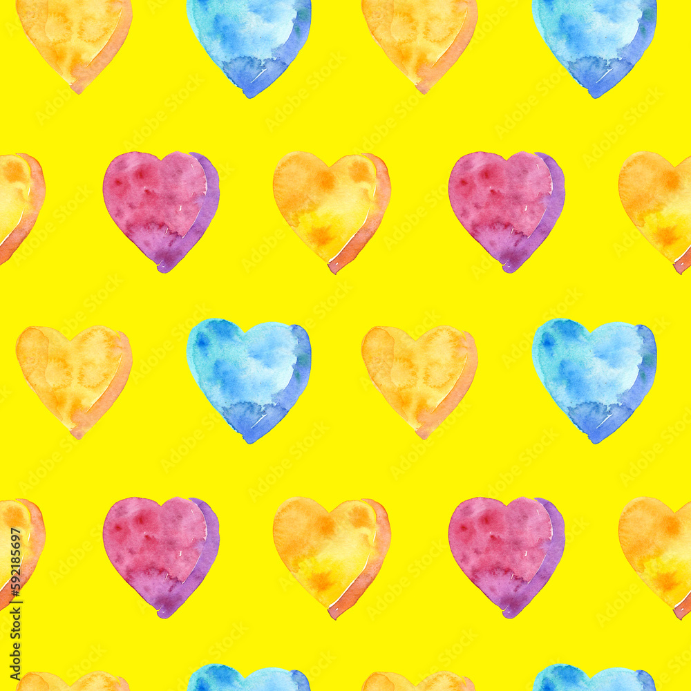 Seamless pattern of watercolor pink, yellow and blue hearts. Hand drawn illustration. Hand painted elements on yellow background. Seamless pattern of watercolor pink, yellow and blue hearts. Hand drawn illustration. Hand painted elements on yellow background.