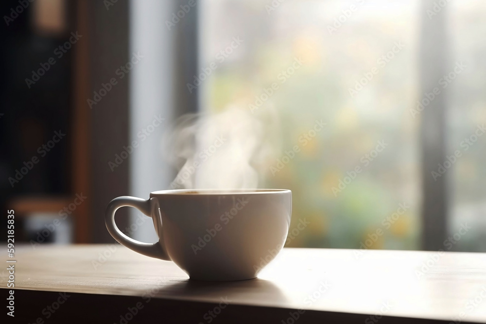 White Coffee Cup on Blurred Living Room Table Background with Copy Space White Coffee Cup on Blurred Living Room Table Background with Copy Space
