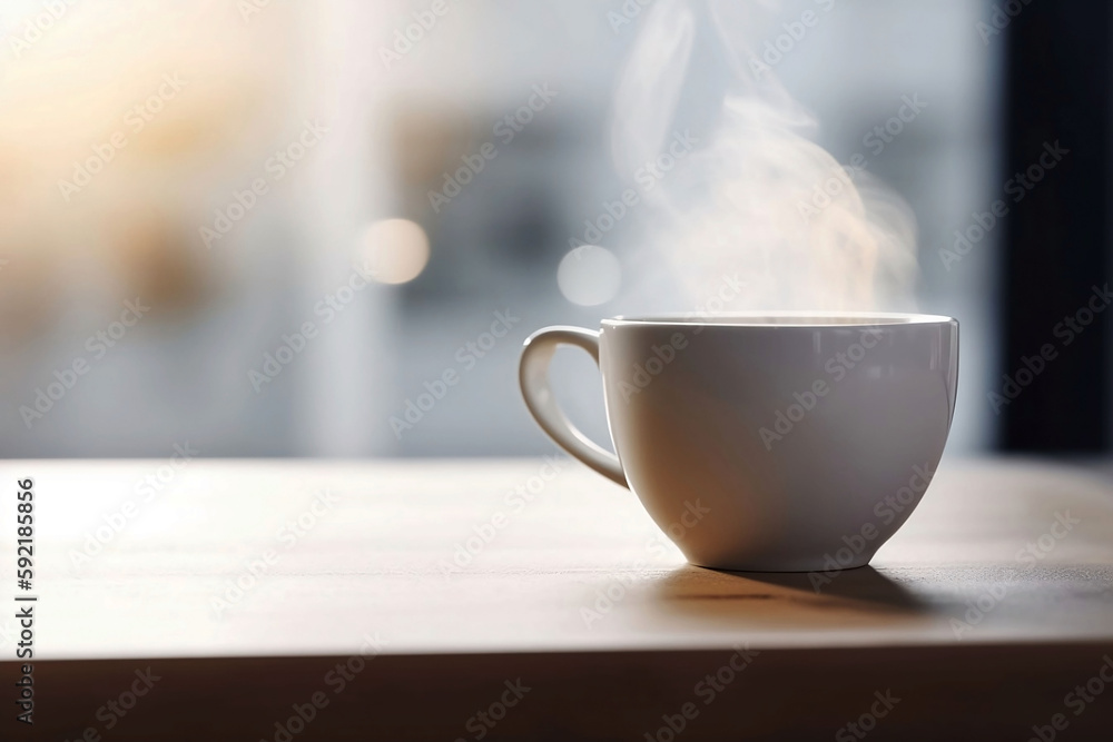 White Coffee Cup on Blurred Living Room Table Background with Copy Space White Coffee Cup on Blurred Living Room Table Background with Copy Space