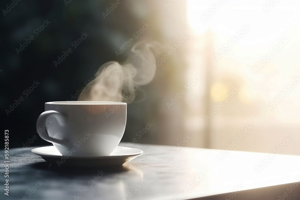 White Coffee Cup on Blurred Living Room Table Background with Copy Space White Coffee Cup on Blurred Living Room Table Background with Copy Space