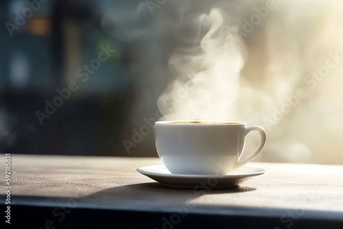 White Coffee Cup on Blurred Living Room Table Background with Copy Space