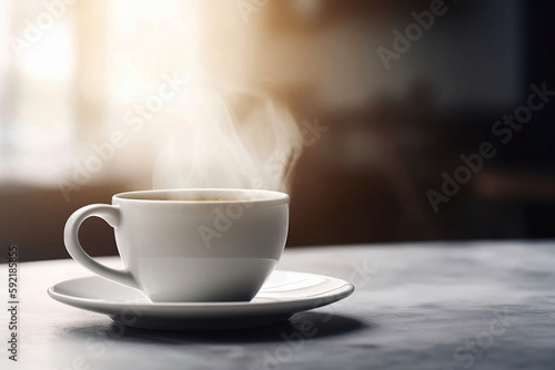 White Coffee Cup on Blurred Living Room Table Background with Copy Space