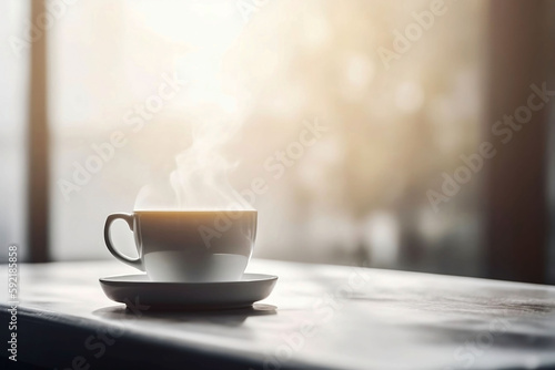 White Coffee Cup on Blurred Living Room Table Background with Copy Space