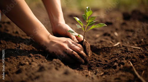 Close-up of human hands planting a tree in the ground. Generative AI