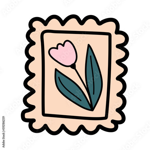 Doodle postage stamp with tulip. Postal vintage element. Mail icon.