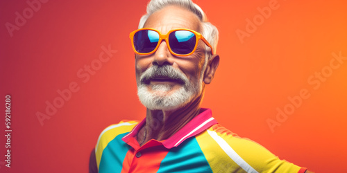 fiter und aktiver Senior mit Sonnenbrille und Sportkleidung, generative AI photo