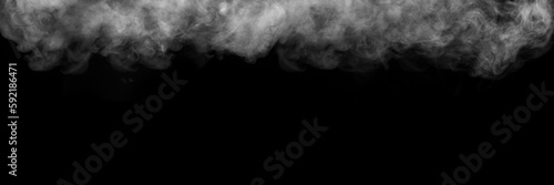 White horizontal smoke on black background. Dark backdrop, graphic resource for montage, overlay or texture