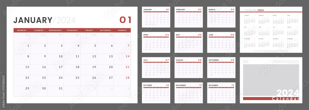 2024 Calendar Planner Template. Vector layout of a wall or desk simple calendar with week start monday. Set of monthly, annual and cover page calendar. Minimalist corporate calendar design for print. 2024 Calendar Planner Template. Vector layout of a wall or desk simple calendar with week start monday. Set of monthly, annual and cover page calendar. Minimalist corporate calendar design for print.
