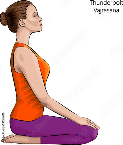 Young woman practicing yoga exercise, doing Thunderbolt pose or Diamond pose or Kneeling pose. Vajrasana. Seated and Neutral. Beginner. Vector illustration isolated on white background.