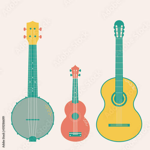 Vector set of musical strings instruments in cartoon flat style. Isolated on beige background - guitar, banjo, ukulele. photo