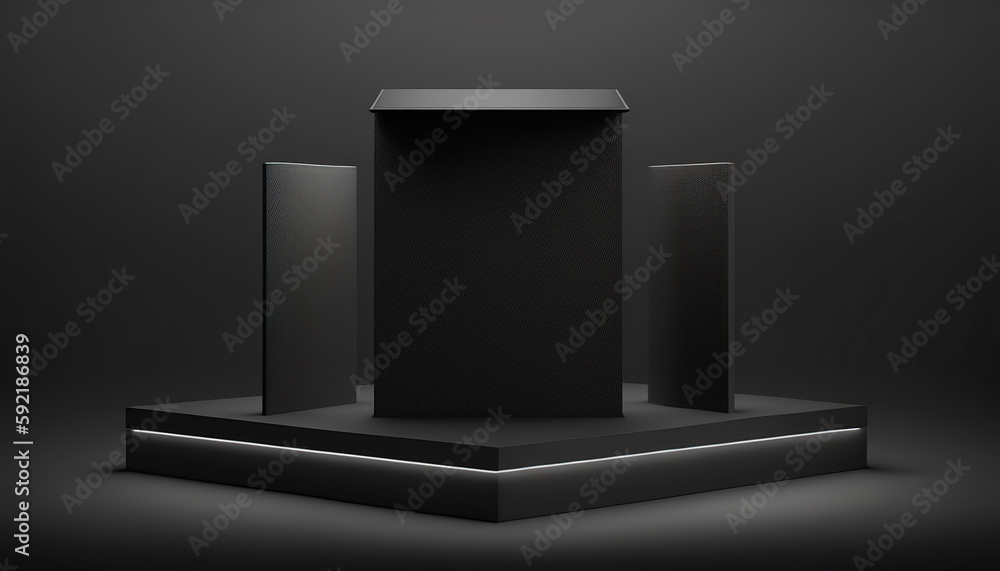 Realistic 3D black theme podium for product display. Created with Generative AI Technology Realistic 3D black theme podium for product display. Created with Generative AI Technology