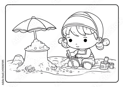 Coloring book page for children kids with cute cartoon vector illustration printable summer holiday beach vacation theme