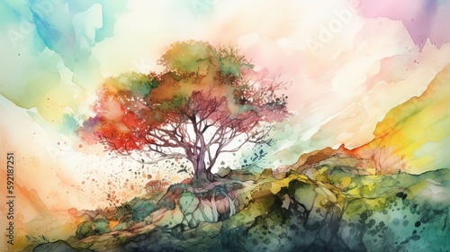 watercolor illustration of colorful  tree in autumn landscape  idea for artistic background wallpaper  Generative Ai