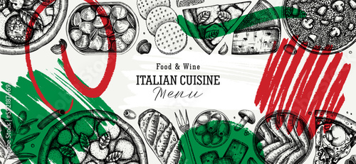 Hand drawn pizza, pasta and risotto banner in collage style. Italian cuisine vector background. Mediterranean food ingredients - cheese, olives, canape, tinned fish. Trendy menu design template