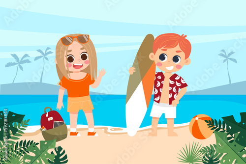 welcome summer cute kids on a beach with a surfboard.