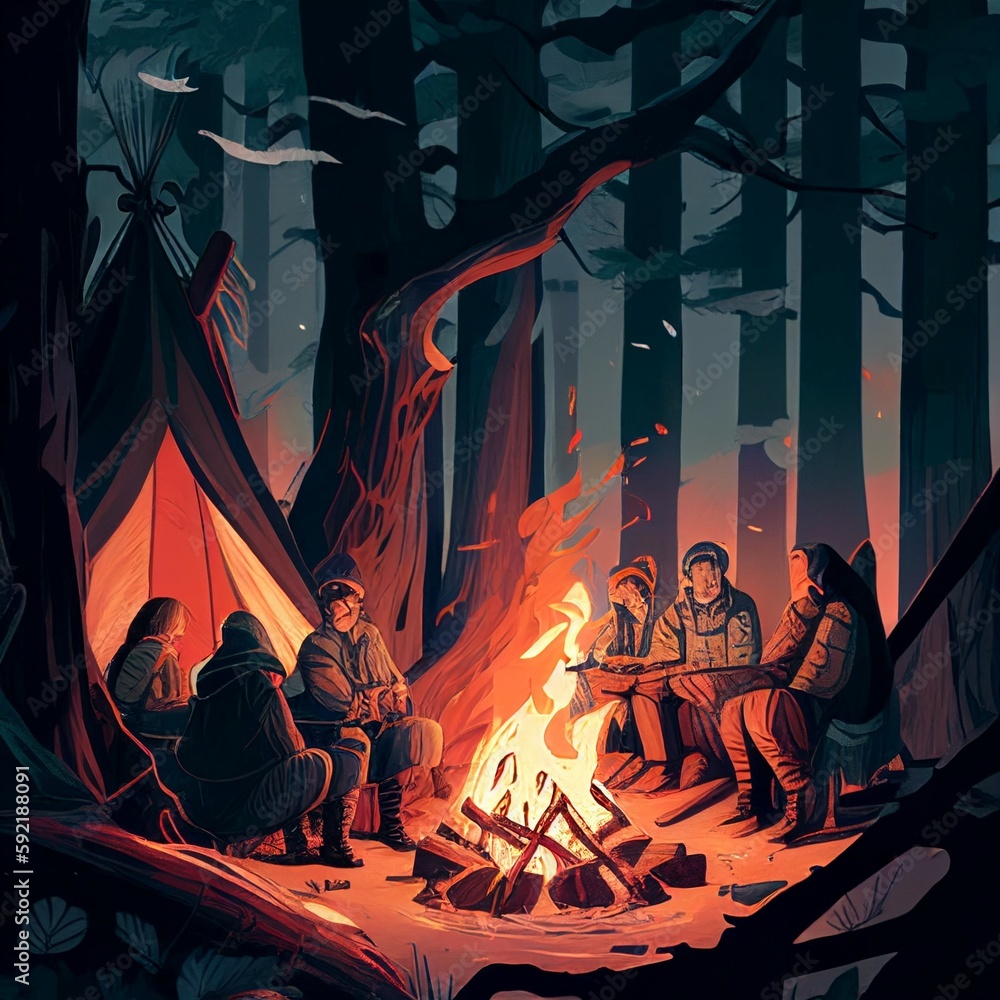 a group of people gathered around a campfire in the woods. They are all sitting on logs and chairs, with marshmallows roasting on sticks over the flames