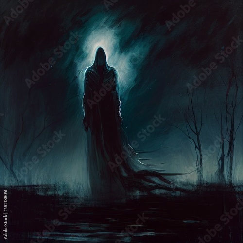 A painting showing an eerie and ghostly figure emerging from the darkness of the night. The figure is vaguely visible and seems to move in the air. The eerie mood is enhanced by the dark colors and un