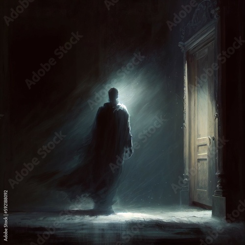 A painting showing an eerie and ghostly figure emerging from the darkness of the night. The figure is vaguely visible and seems to move in the air. The eerie mood is enhanced by the dark colors and un