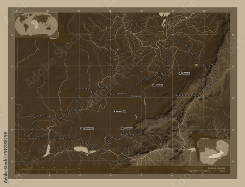 Central, Zambia. Sepia. Labelled points of cities photo