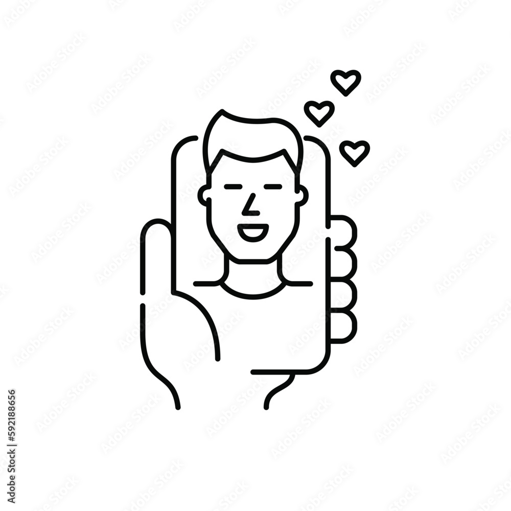 Guy receiving likes of dating app. Male user profile. Hand holding smartphone. Pixel perfect, editable stroke icon