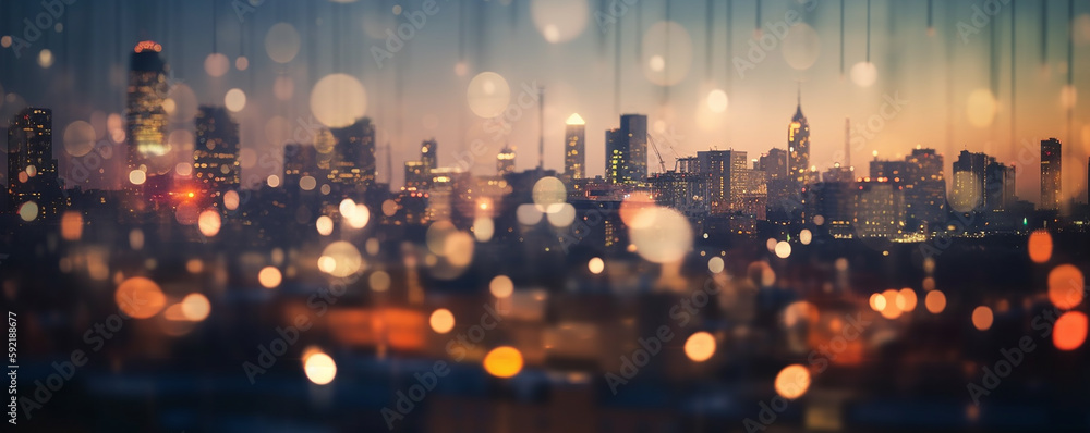 Blurred bokeh light city night, Blurred abstract city light background  rooftop view , Generative AI