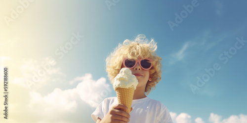 Junge mit Sonnenbrille und Eiscreme, generative AI photo