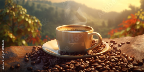 Kaffee in einer Tasse auf der Kaffeeplantage, generative AI