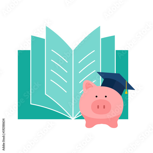 Educational scholarship concept vector illustration on white background. Book and piggy bank wearing graduation hat in flat design.